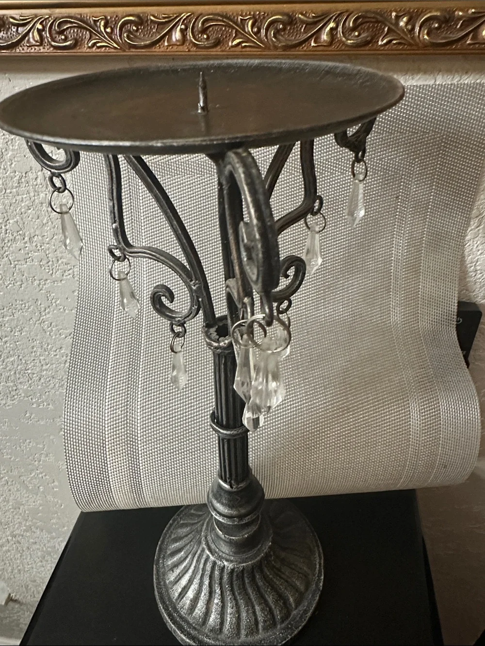 Antique Black Metal Candle Holder with Clear Crystal Drops